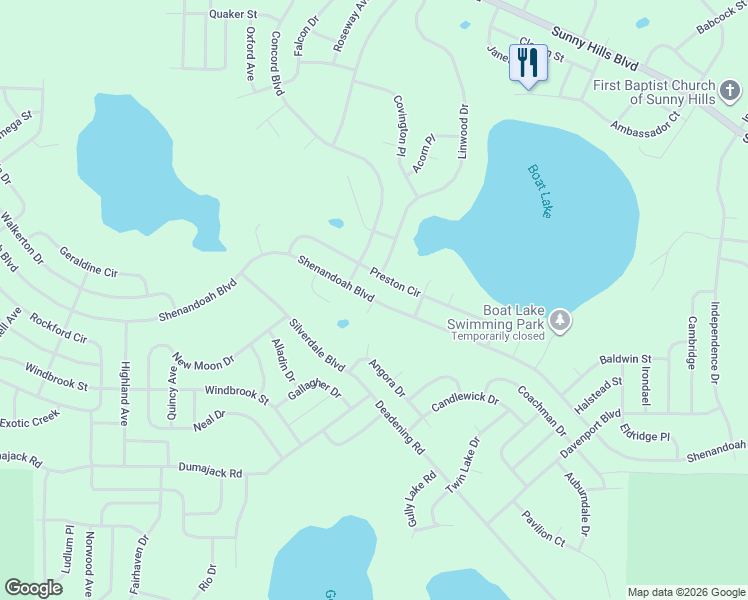 map of restaurants, bars, coffee shops, grocery stores, and more near Shenandoah Boulevard in Chipley