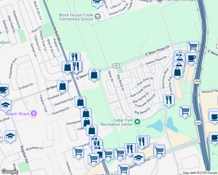 map of restaurants, bars, coffee shops, grocery stores, and more near 1816 Lost Maples Loop in Cedar Park