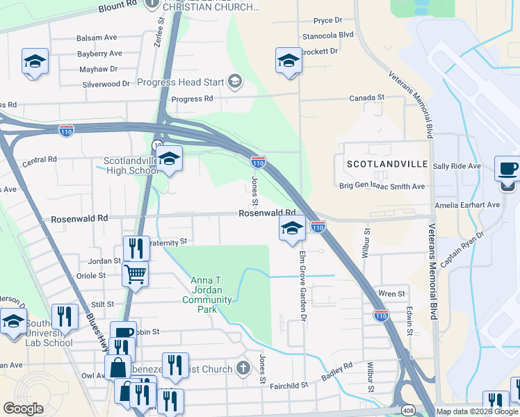 map of restaurants, bars, coffee shops, grocery stores, and more near 9552 Jones Street in Baton Rouge