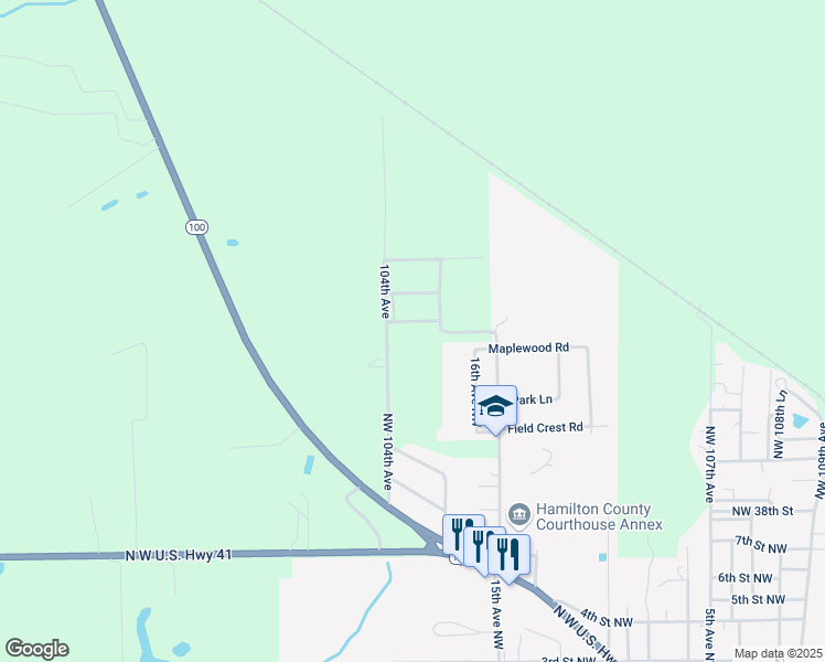 map of restaurants, bars, coffee shops, grocery stores, and more near 18 Northwest 36th Drive in Jasper