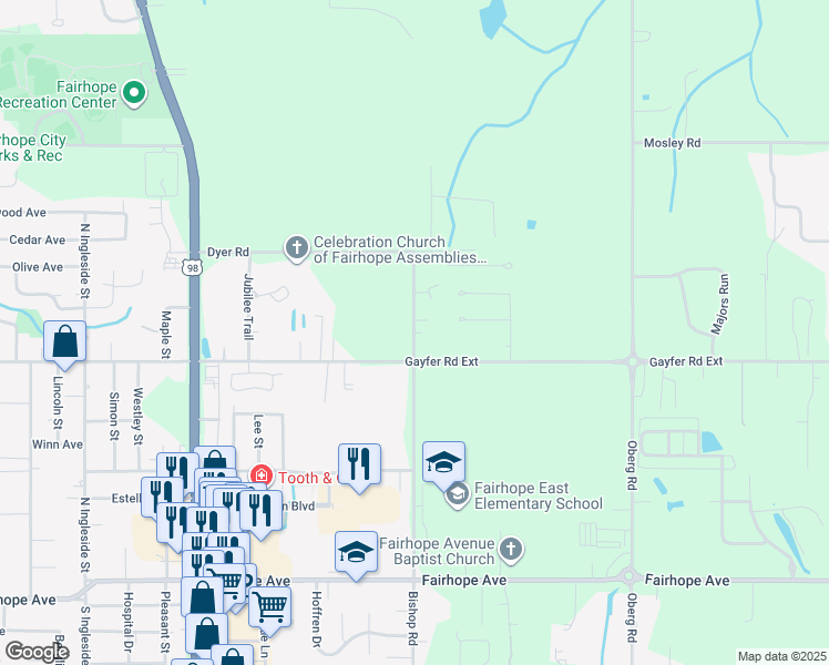 map of restaurants, bars, coffee shops, grocery stores, and more near 8545 Southwood Court in Fairhope