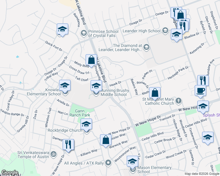 map of restaurants, bars, coffee shops, grocery stores, and more near 1615 Hawk Drive in Cedar Park