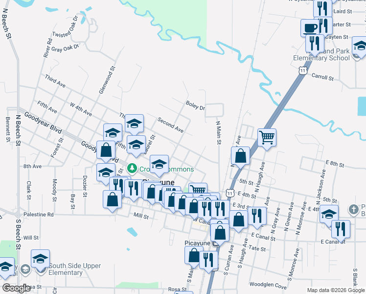 map of restaurants, bars, coffee shops, grocery stores, and more near 620 Norwood Street in Picayune