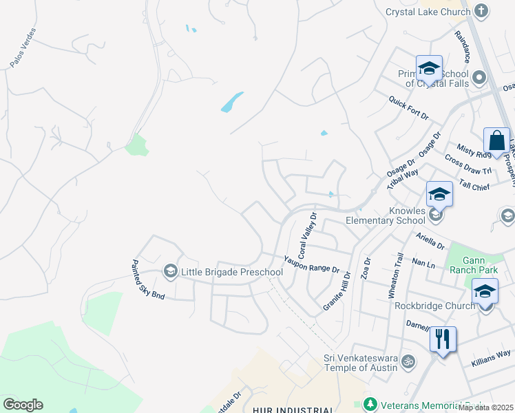 map of restaurants, bars, coffee shops, grocery stores, and more near 2500 Yuma Trail in Leander
