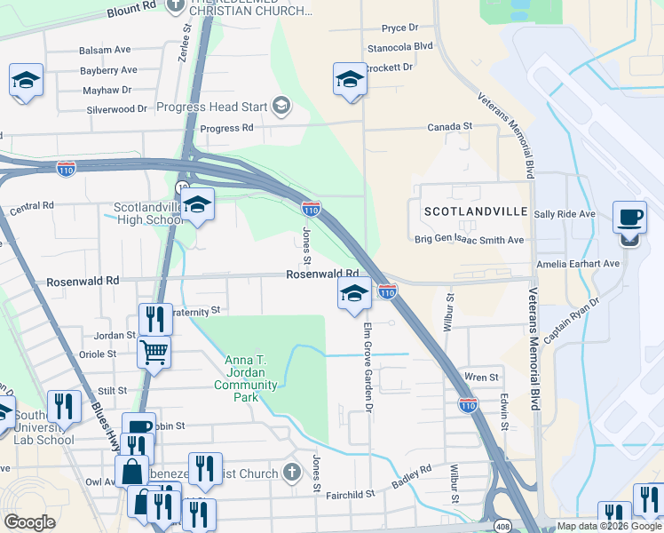 map of restaurants, bars, coffee shops, grocery stores, and more near 9552 Jones Street in Baton Rouge