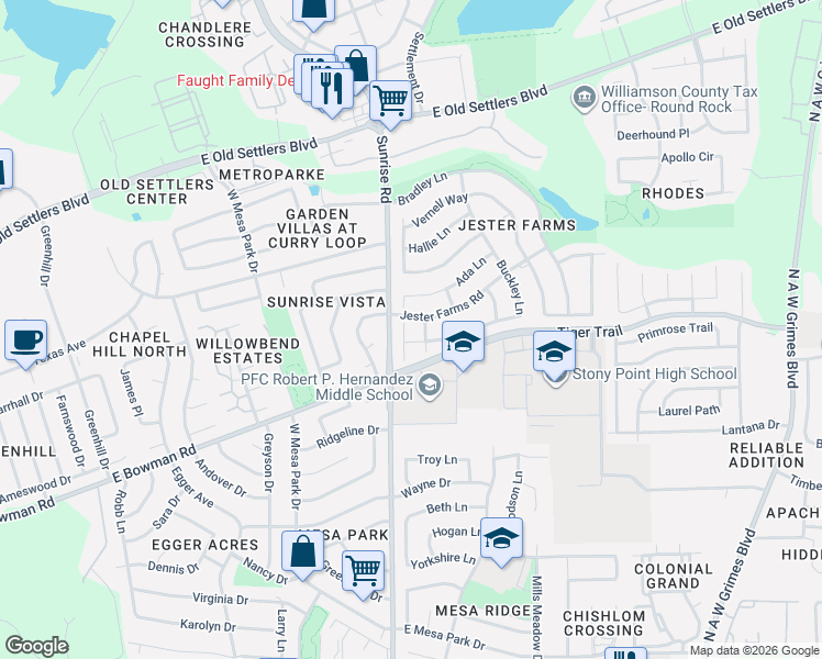 map of restaurants, bars, coffee shops, grocery stores, and more near 2105 Jester Farms Road in Round Rock