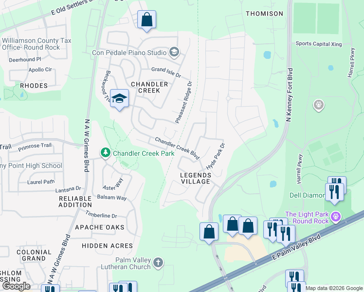 map of restaurants, bars, coffee shops, grocery stores, and more near 1112 Renaissance Trail in Round Rock