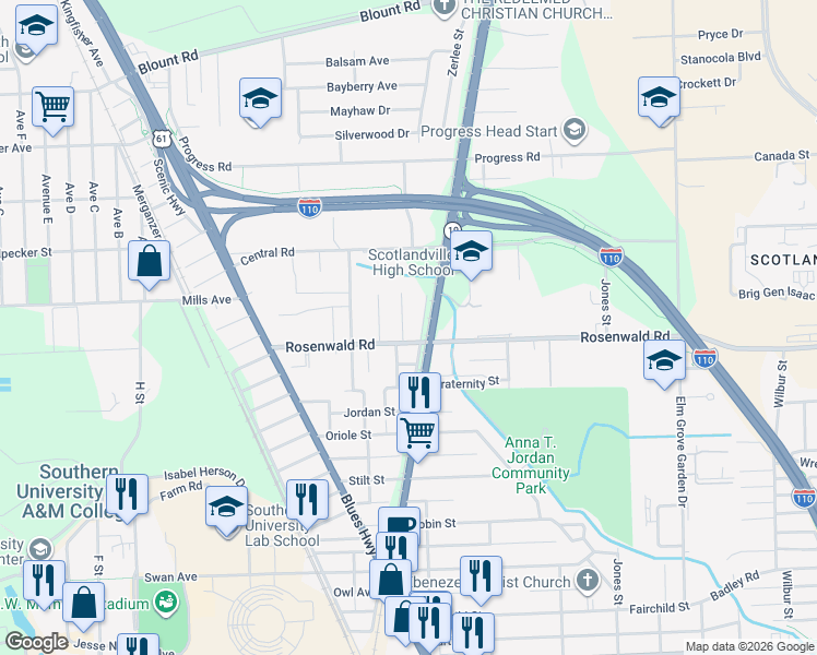map of restaurants, bars, coffee shops, grocery stores, and more near 9607 Gassie Street in Baton Rouge