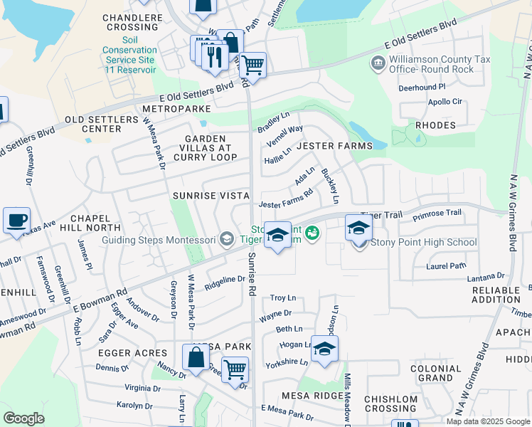 map of restaurants, bars, coffee shops, grocery stores, and more near 2105 Jester Farms Road in Round Rock