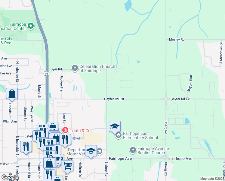map of restaurants, bars, coffee shops, grocery stores, and more near 8545 Southwood Court in Fairhope