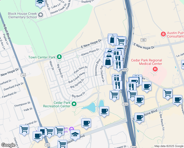 map of restaurants, bars, coffee shops, grocery stores, and more near 1603 Discovery Boulevard in Cedar Park