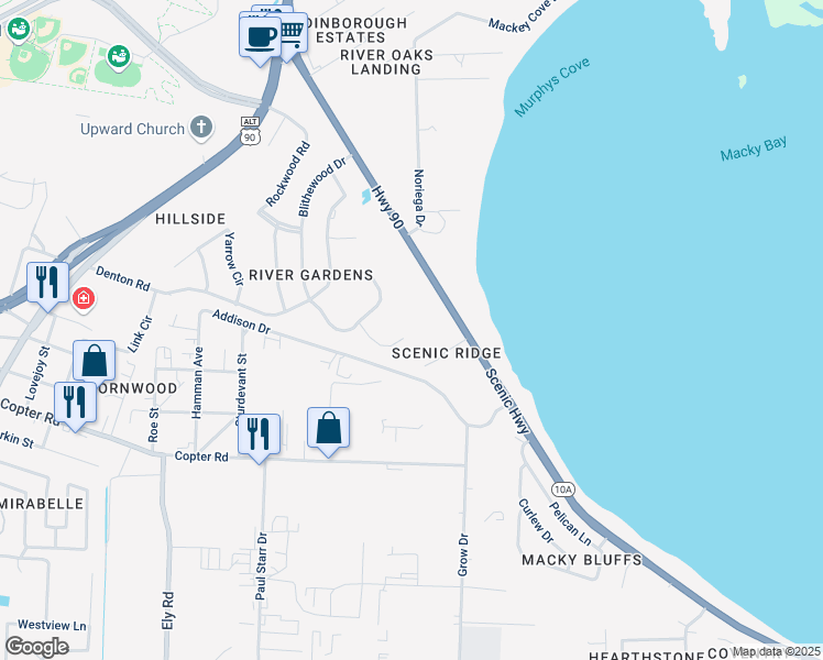 map of restaurants, bars, coffee shops, grocery stores, and more near 3536 Bayswater Drive in Pensacola
