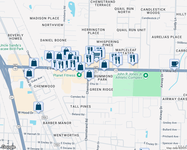 map of restaurants, bars, coffee shops, grocery stores, and more near 9311 Mildred Avenue in Pensacola