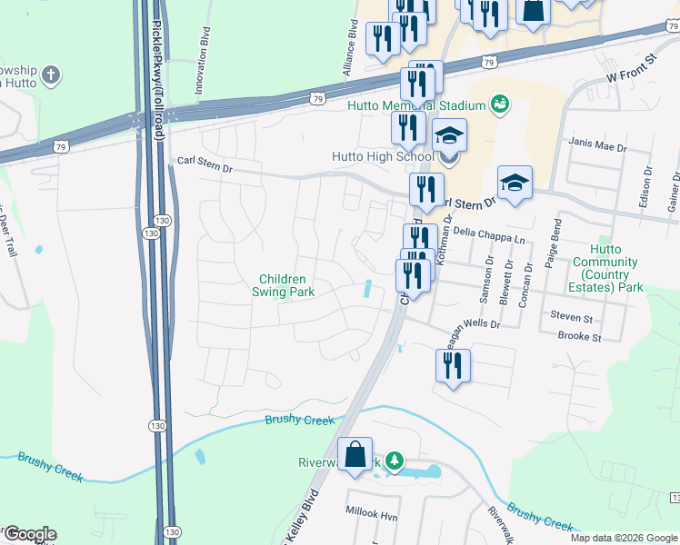 map of restaurants, bars, coffee shops, grocery stores, and more near 109 Eli Whitney Way in Hutto