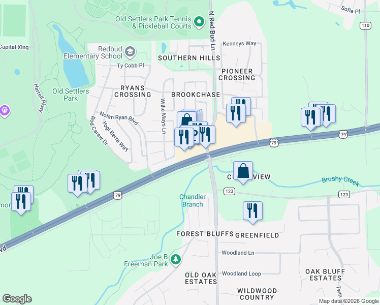 map of restaurants, bars, coffee shops, grocery stores, and more near 4450 East Palm Valley Boulevard in Round Rock