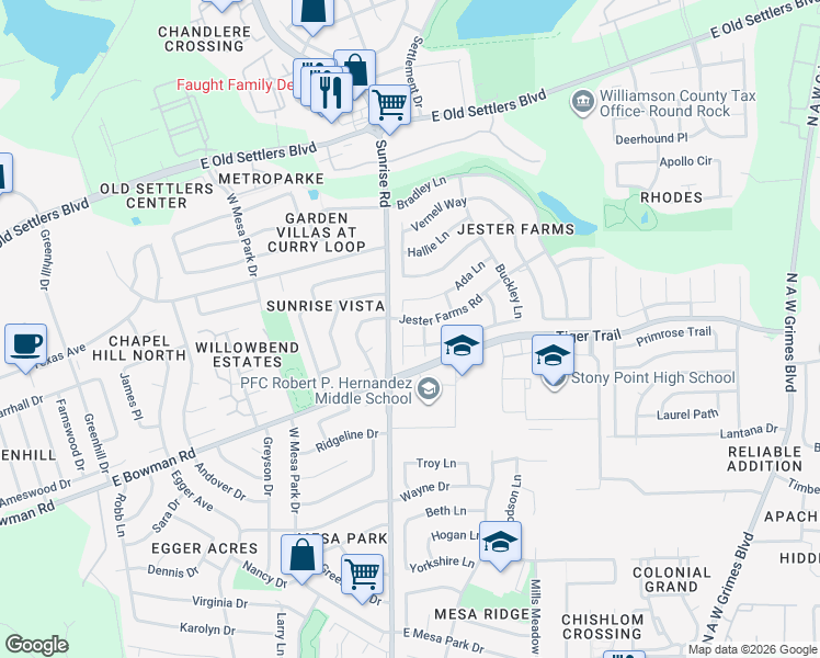 map of restaurants, bars, coffee shops, grocery stores, and more near 2105 Jester Farms Road in Round Rock