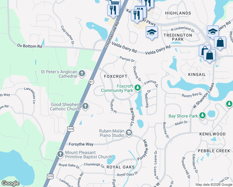 map of restaurants, bars, coffee shops, grocery stores, and more near 2938 Foxcroft Drive in Tallahassee
