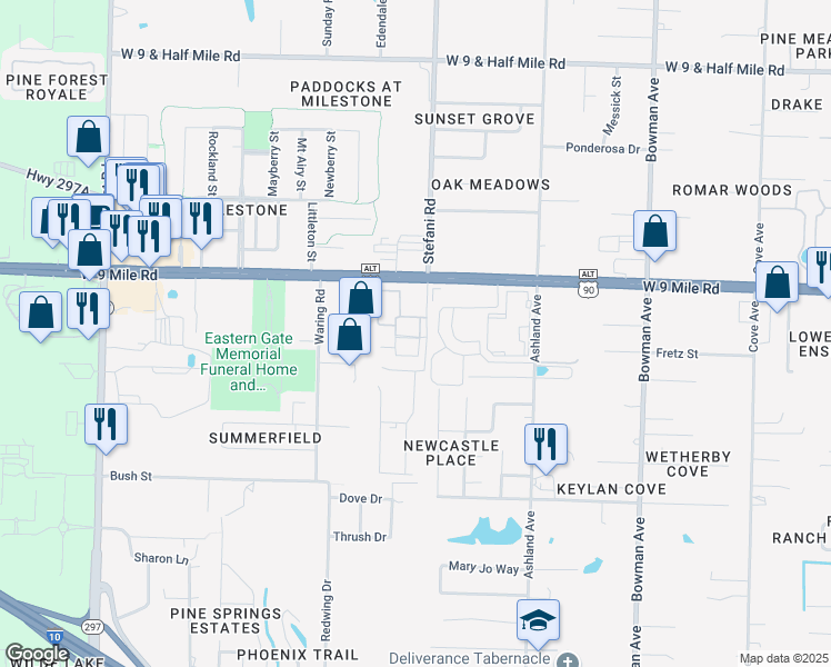 map of restaurants, bars, coffee shops, grocery stores, and more near 1700 West 9 Mile Road in Pensacola