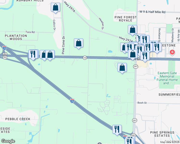 map of restaurants, bars, coffee shops, grocery stores, and more near 9276 North 8 Mile Creek Road in Pensacola