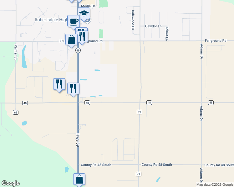 map of restaurants, bars, coffee shops, grocery stores, and more near 18701 County Road 48 in Robertsdale