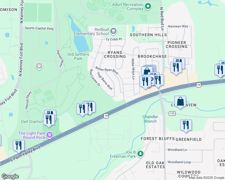 map of restaurants, bars, coffee shops, grocery stores, and more near 3528 Roberto Clemente Lane in Round Rock