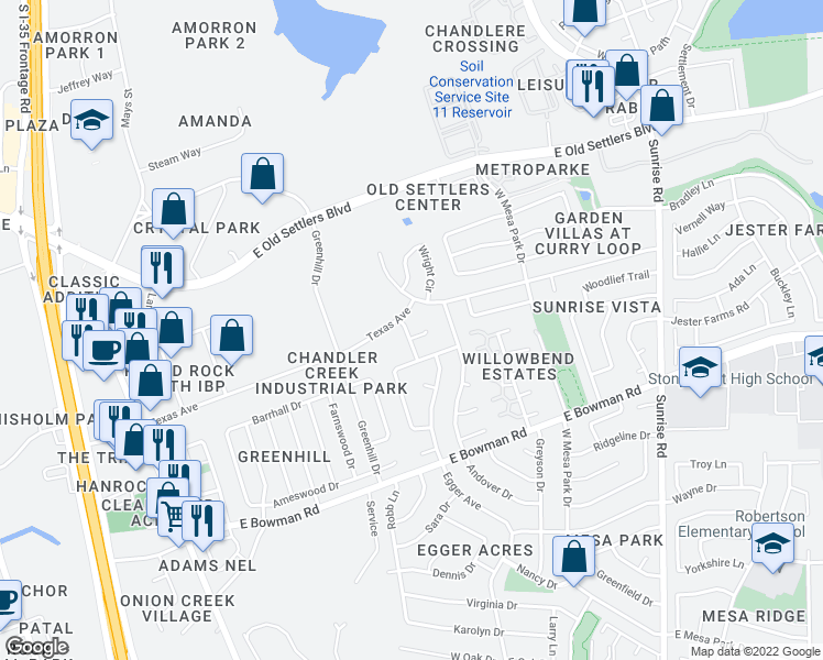 map of restaurants, bars, coffee shops, grocery stores, and more near 500 Gregory Court in Round Rock