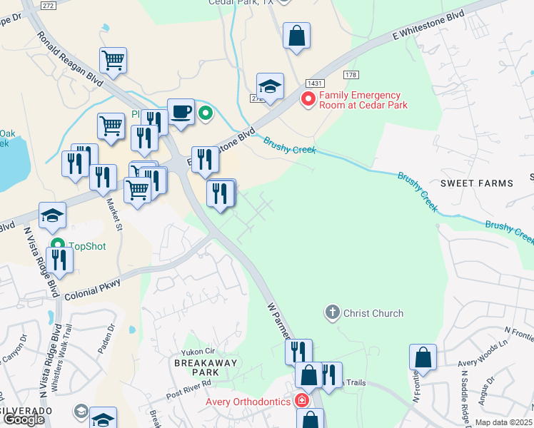 map of restaurants, bars, coffee shops, grocery stores, and more near 12900 West Parmer Lane in Cedar Park