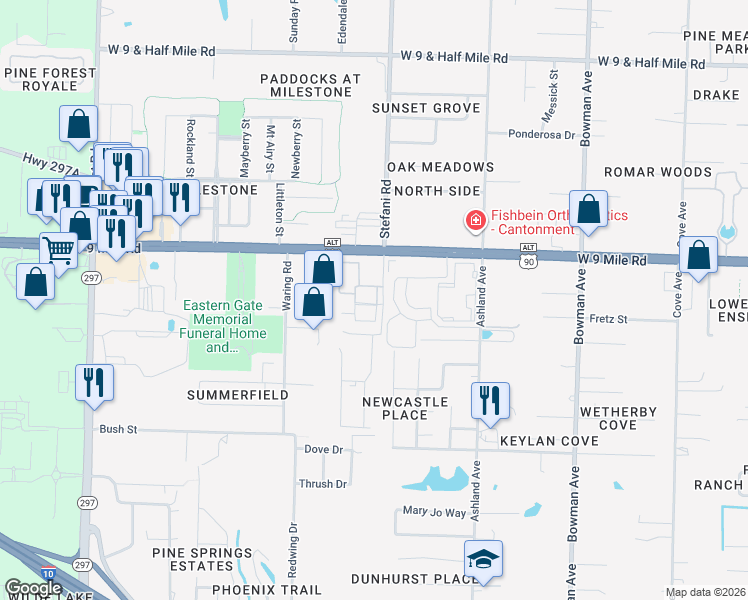map of restaurants, bars, coffee shops, grocery stores, and more near 1700 West 9 Mile Road in Pensacola
