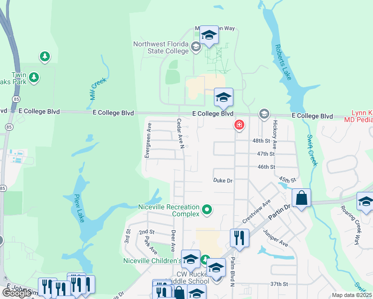 map of restaurants, bars, coffee shops, grocery stores, and more near 200 Sweetgum Court in Niceville