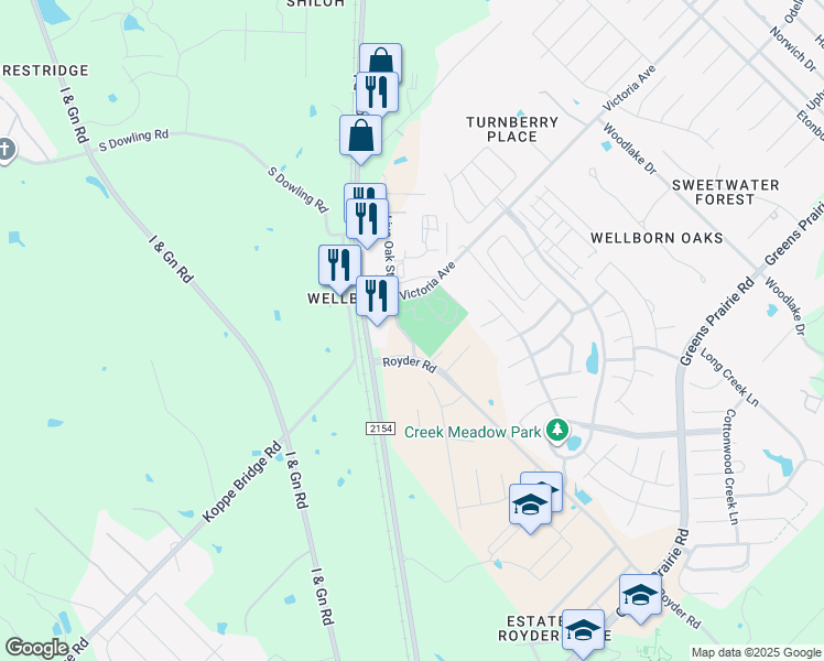 map of restaurants, bars, coffee shops, grocery stores, and more near 15097 Royder Road in College Station