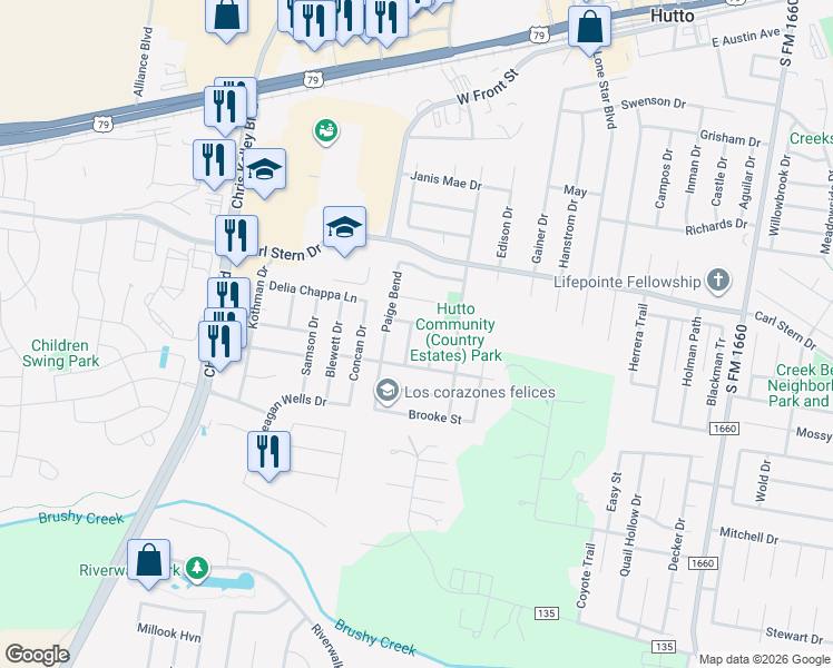 map of restaurants, bars, coffee shops, grocery stores, and more near 103 Loryn Drive in Hutto