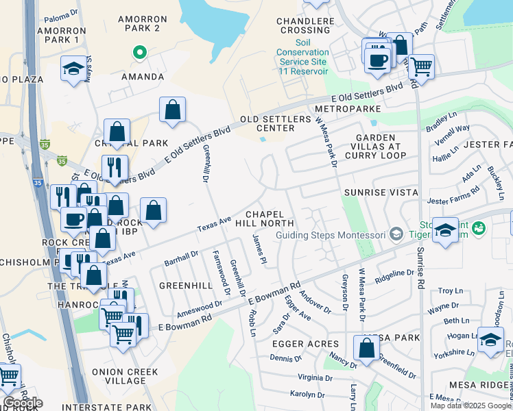 map of restaurants, bars, coffee shops, grocery stores, and more near 1201 Gregory Lane in Round Rock