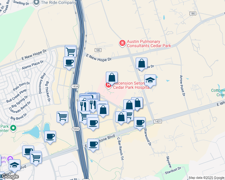 map of restaurants, bars, coffee shops, grocery stores, and more near 1401 Medical Parkway in Cedar Park