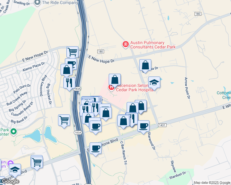 map of restaurants, bars, coffee shops, grocery stores, and more near 1401 Medical Parkway in Cedar Park