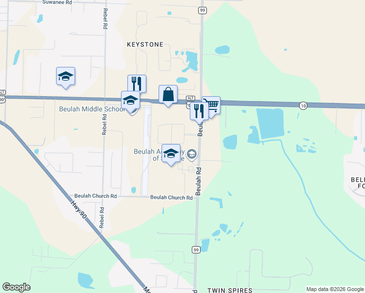 map of restaurants, bars, coffee shops, grocery stores, and more near 8793 Blake Evan Circle in Pensacola