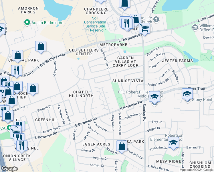 map of restaurants, bars, coffee shops, grocery stores, and more near 701 Misty Morning Way in Round Rock