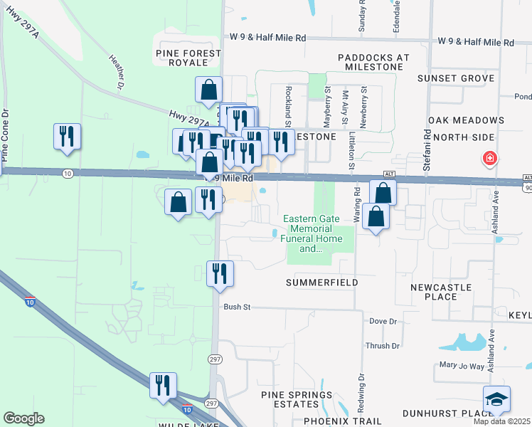 map of restaurants, bars, coffee shops, grocery stores, and more near 9220 Pine Forest Road in Pensacola