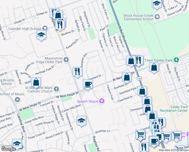 map of restaurants, bars, coffee shops, grocery stores, and more near 2000 Brook Hollow in Cedar Park