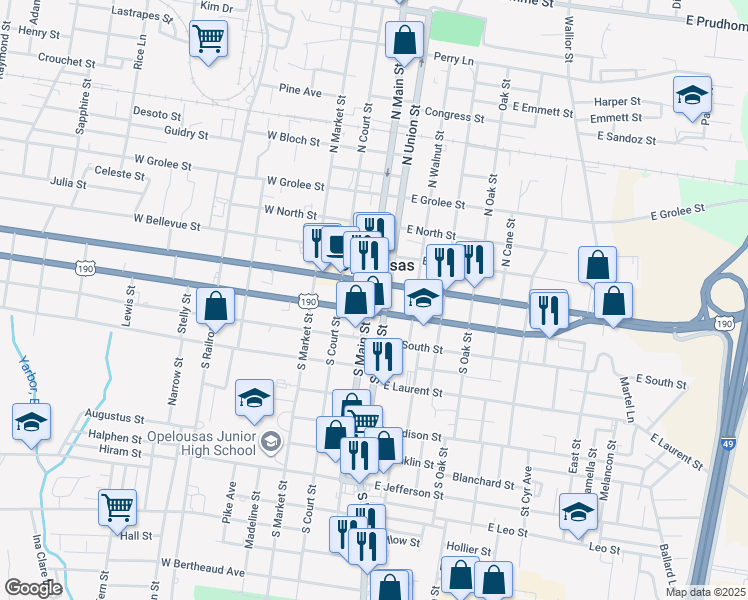 map of restaurants, bars, coffee shops, grocery stores, and more near 209 South Main Street in Opelousas