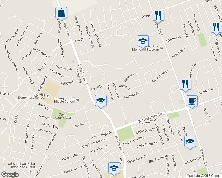 map of restaurants, bars, coffee shops, grocery stores, and more near 2302 Founder Drive in Cedar Park