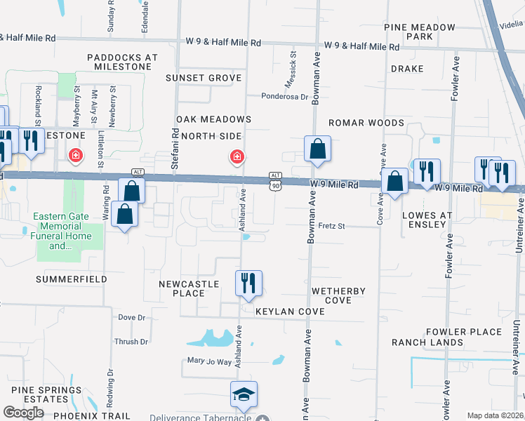 map of restaurants, bars, coffee shops, grocery stores, and more near 1371 West 9 Mile Road in Pensacola
