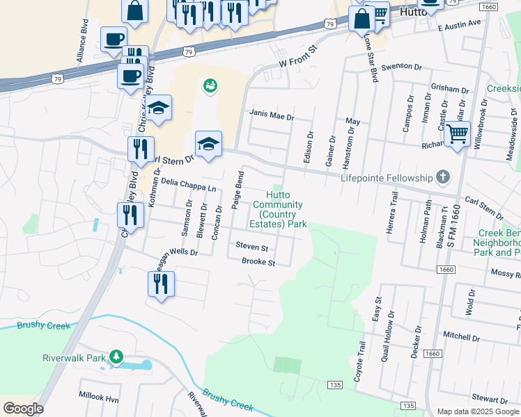 map of restaurants, bars, coffee shops, grocery stores, and more near 102 Will Lane in Hutto