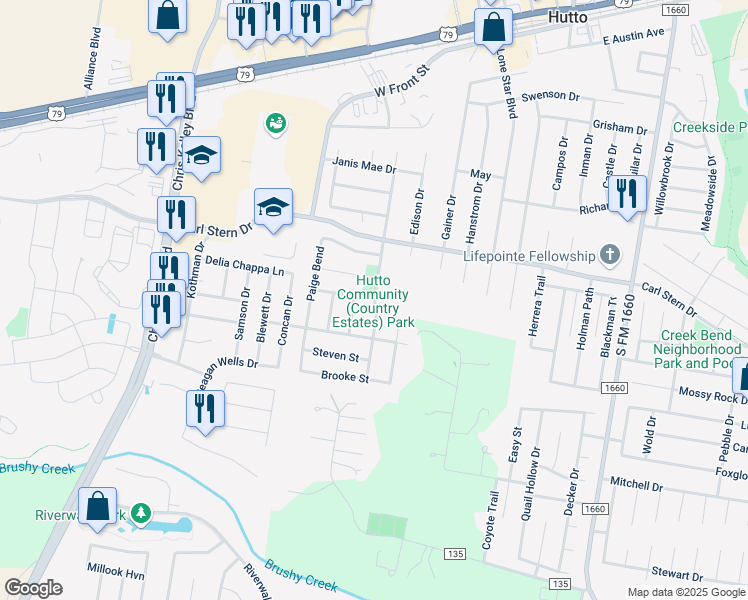 map of restaurants, bars, coffee shops, grocery stores, and more near 102 Will Lane in Hutto