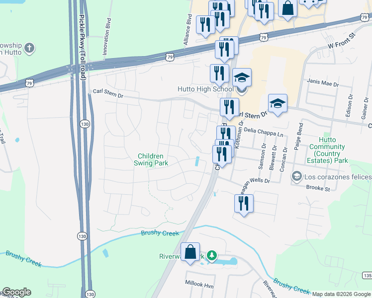 map of restaurants, bars, coffee shops, grocery stores, and more near 109 Eli Whitney Way in Hutto