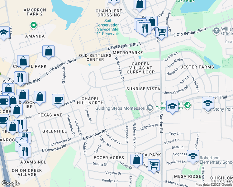 map of restaurants, bars, coffee shops, grocery stores, and more near 408 Parkhill Cove in Round Rock