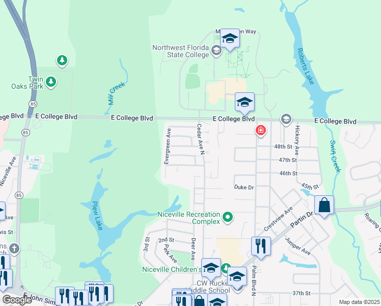 map of restaurants, bars, coffee shops, grocery stores, and more near 1016 Alderwood Way in Niceville