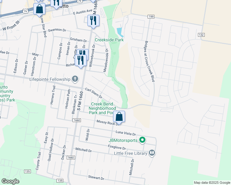 map of restaurants, bars, coffee shops, grocery stores, and more near 314 Floating Leaf Drive in Hutto