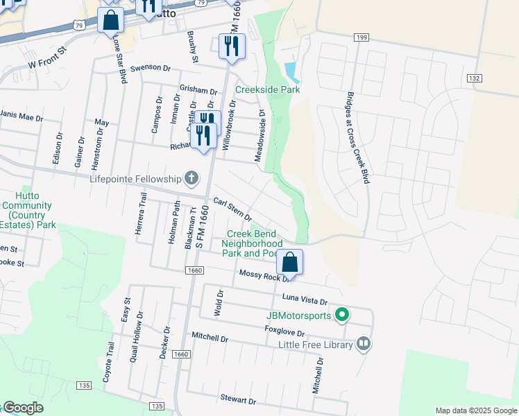 map of restaurants, bars, coffee shops, grocery stores, and more near 203 Waterlily Way in Hutto