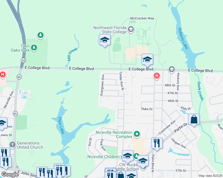 map of restaurants, bars, coffee shops, grocery stores, and more near 1016 Alderwood Way in Niceville