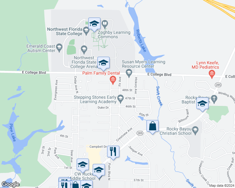 map of restaurants, bars, coffee shops, grocery stores, and more near 511 Fir Avenue in Niceville
